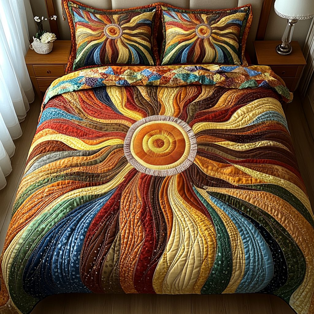 Golden Horizon quilted 3-piece bedding set on a made bed with two matching pillow shams