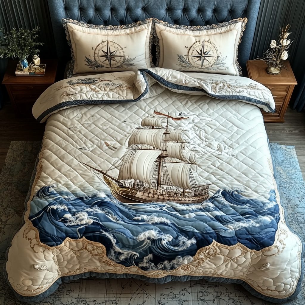 Golden Horizon quilted 3-piece bedding set on a made bed with two matching pillow shams