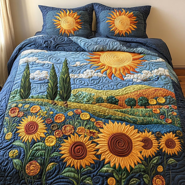 Golden Horizon quilted 3-piece bedding set on a made bed with two matching pillow shams