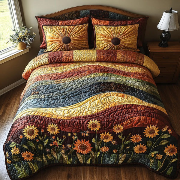 Golden Horizon quilted 3-piece bedding set on a made bed with two matching pillow shams