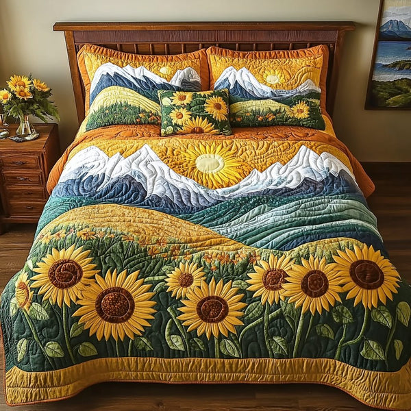 Golden Horizon quilted 3-piece bedding set on a made bed with two matching pillow shams