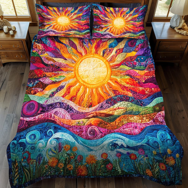 Golden Horizon quilted 3-piece bedding set on a made bed with two matching pillow shams