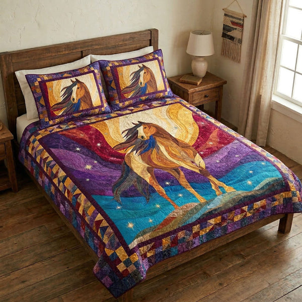 Golden Horizon quilted 3-piece bedding set on a made bed with two matching pillow shams