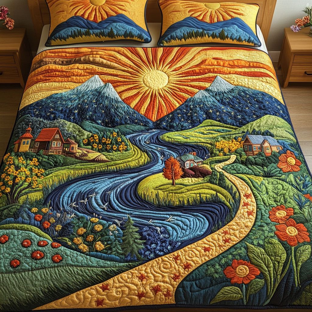 Golden Horizon quilted 3-piece bedding set on a made bed with two matching pillow shams