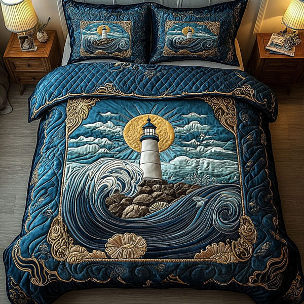 Golden Horizon quilted 3-piece bedding set on a made bed with two matching pillow shams