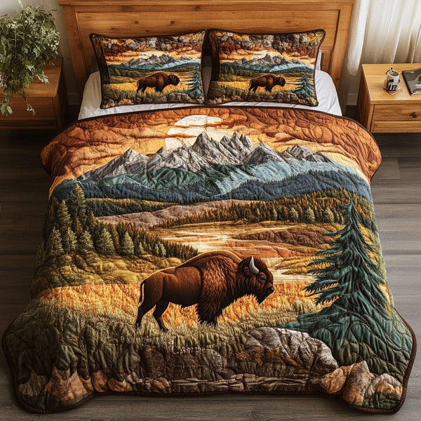 Golden Horizon quilted 3-piece bedding set on a made bed with two matching pillow shams