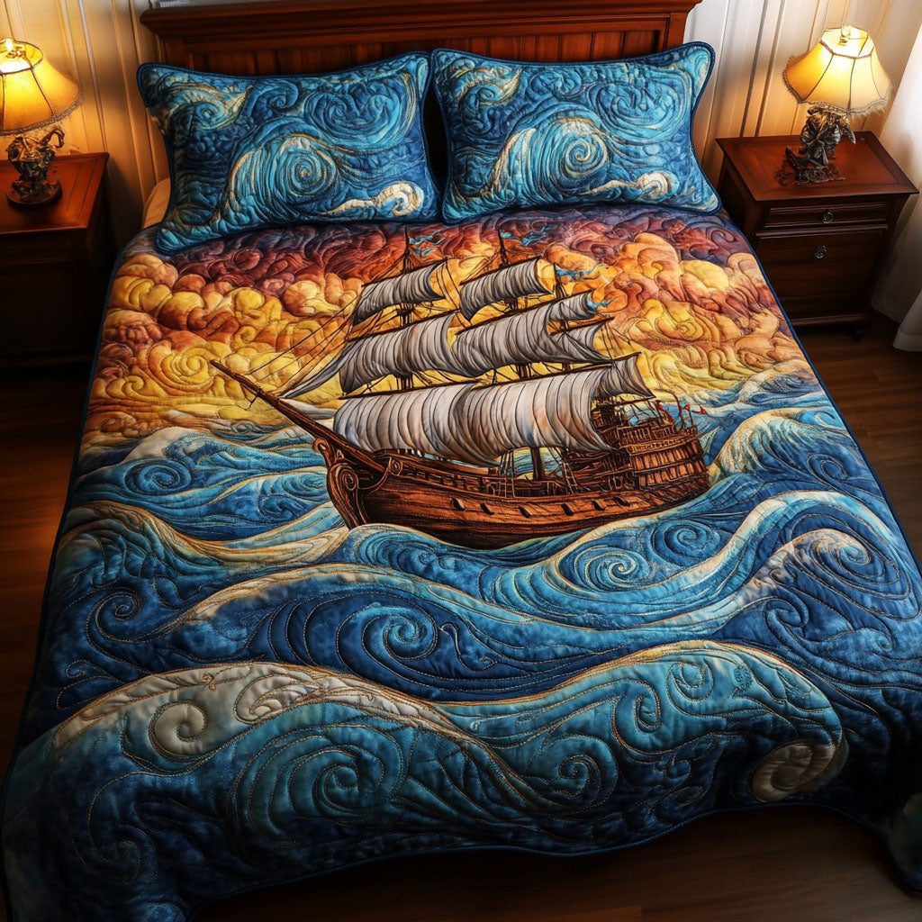 Golden Horizon quilted 3-piece bedding set on a made bed with two matching pillow shams