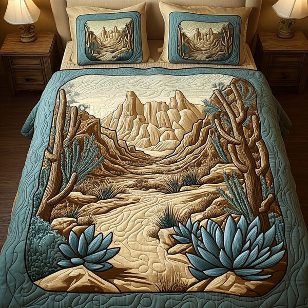 Golden Horizon quilted 3-piece bedding set on a made bed with two matching pillow shams