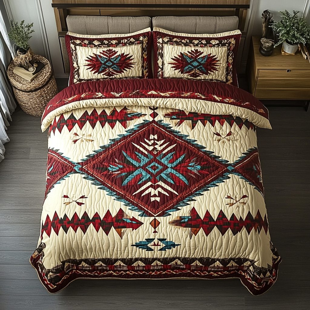 Golden Horizon quilted 3-piece bedding set on a made bed with two matching pillow shams