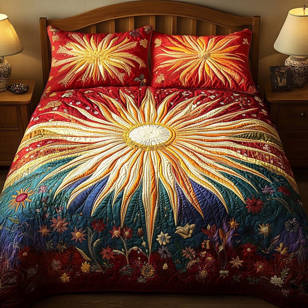 Golden Horizon quilted 3-piece bedding set on a made bed with two matching pillow shams