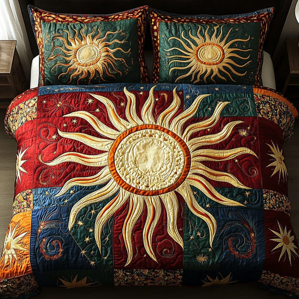 Golden Horizon quilted 3-piece bedding set on a made bed with two matching pillow shams