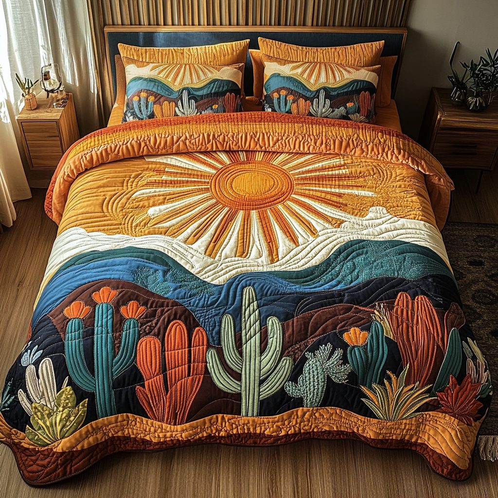 Golden Horizon quilted 3-piece bedding set on a made bed with two matching pillow shams