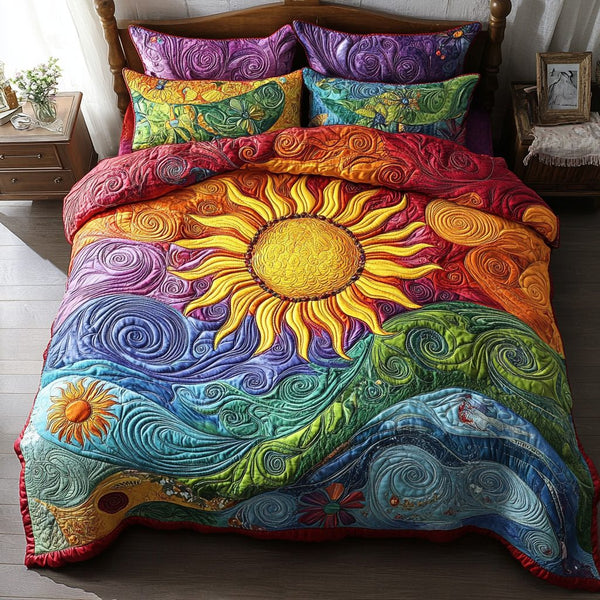 Golden Horizon quilted 3-piece bedding set on a made bed with two matching pillow shams