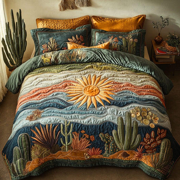 Golden Horizon quilted 3-piece bedding set on a made bed with two matching pillow shams