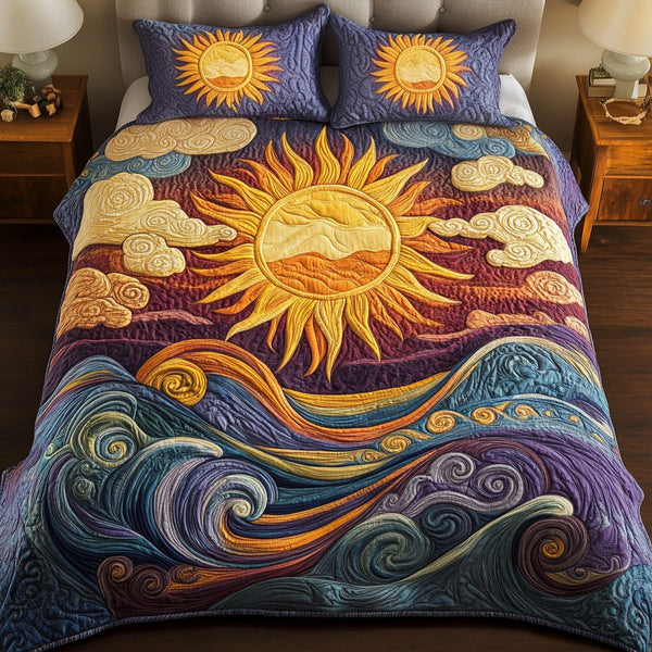 Golden Horizon quilted 3-piece bedding set on a made bed with two matching pillow shams