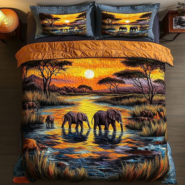 Golden Horizon quilted 3-piece bedding set on a made bed with two matching pillow shams