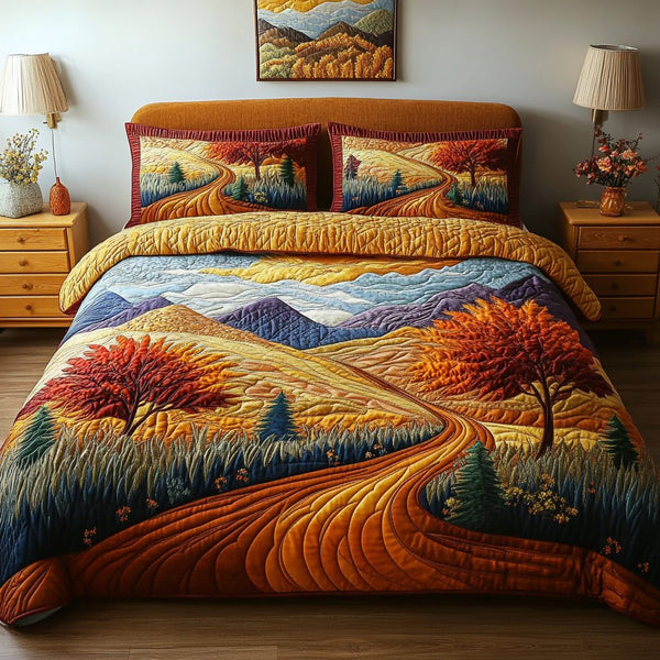 Golden Horizon quilted 3-piece bedding set on a made bed with two matching pillow shams