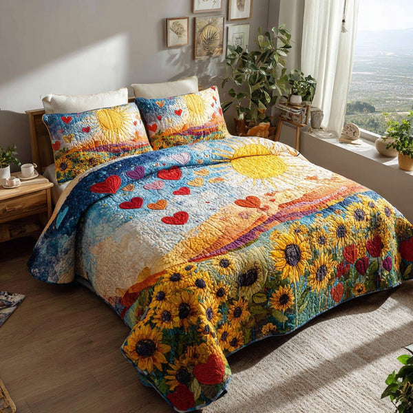 Golden Horizon quilted 3-piece bedding set on a made bed with two matching pillow shams