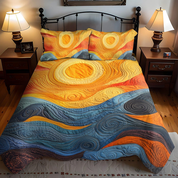 Golden Horizon quilted 3-piece bedding set on a made bed with two matching pillow shams