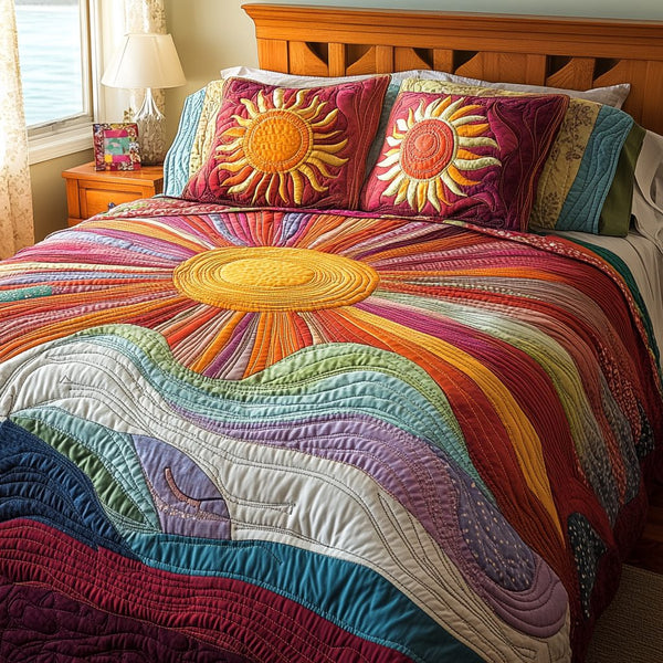 Golden Horizon quilted 3-piece bedding set on a made bed with two matching pillow shams