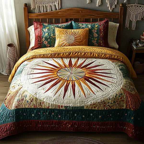 Golden Horizon quilted 3-piece bedding set on a made bed with two matching pillow shams