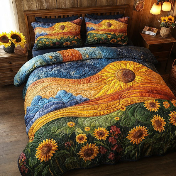 Golden Horizon quilted 3-piece bedding set on a made bed with two matching pillow shams