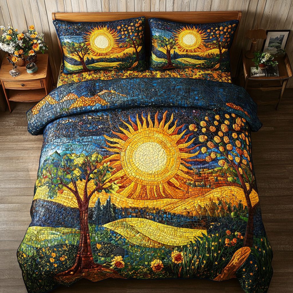 Golden Horizon quilted 3-piece bedding set on a made bed with two matching pillow shams