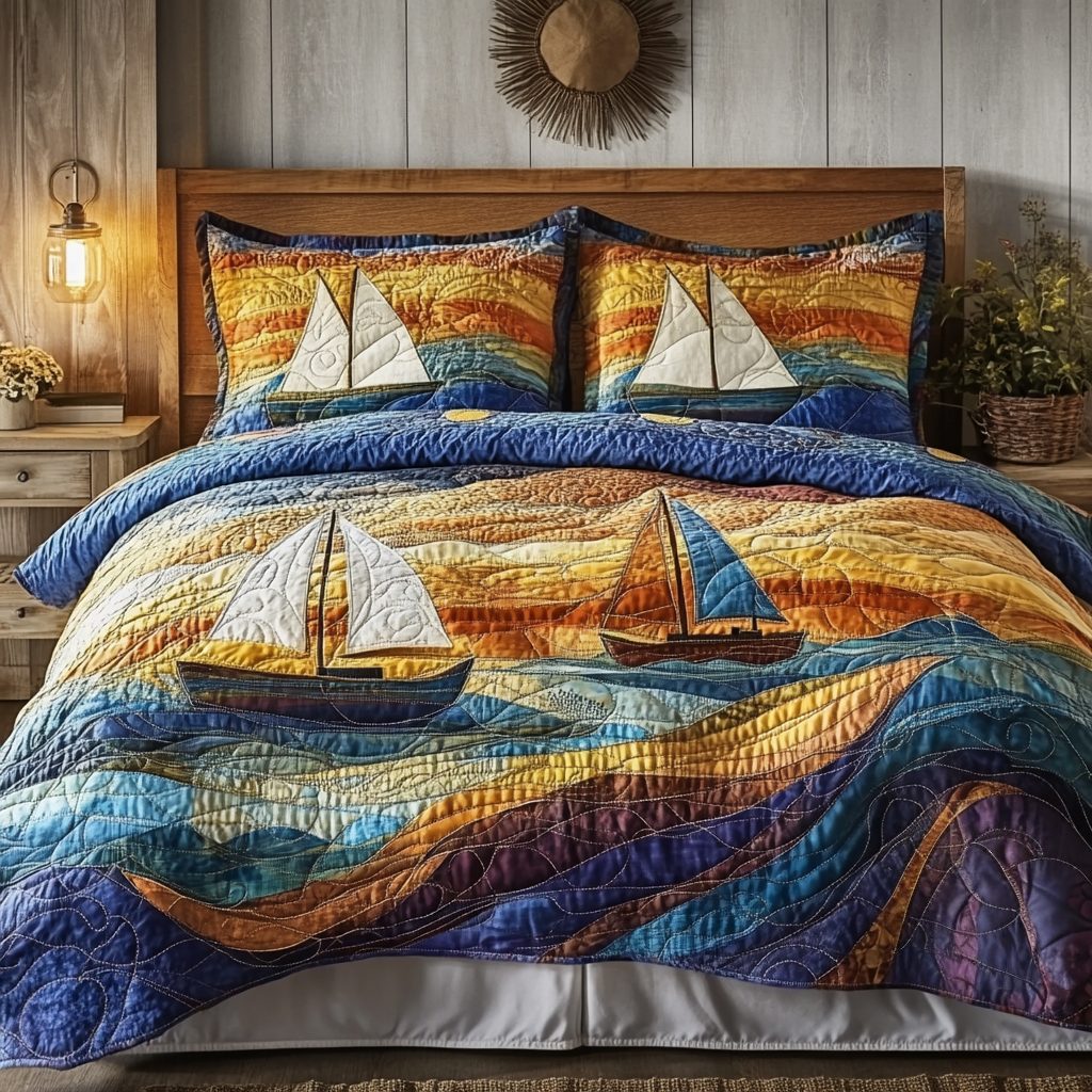 Golden Horizon quilted 3-piece bedding set on a made bed with two matching pillow shams