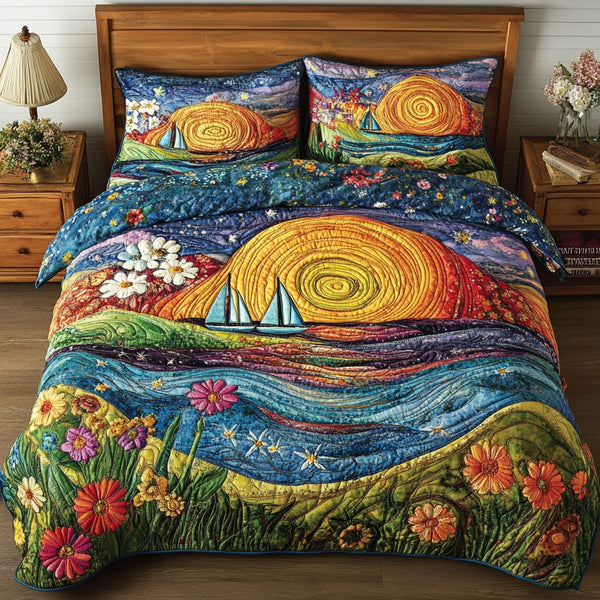 Golden Horizon Voyage quilted 3-piece bedding set on a made bed with two matching pillow shams