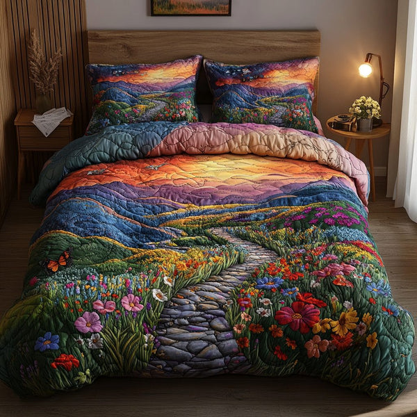 Golden Horizon Walk quilted 3-piece bedding set on a made bed with two matching pillow shams