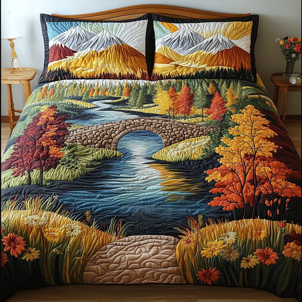Golden Horizons quilted 3-piece bedding set on a made bed with two matching pillow shams
