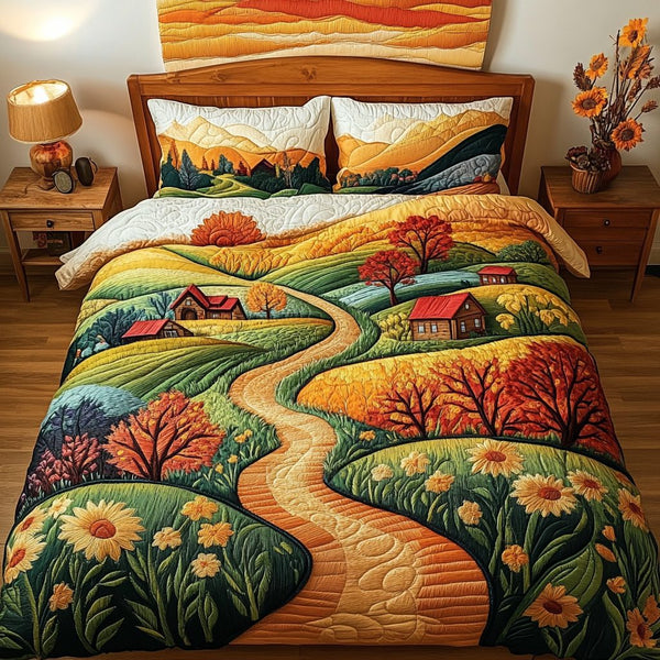 Golden Horizons quilted 3-piece bedding set on a made bed with two matching pillow shams