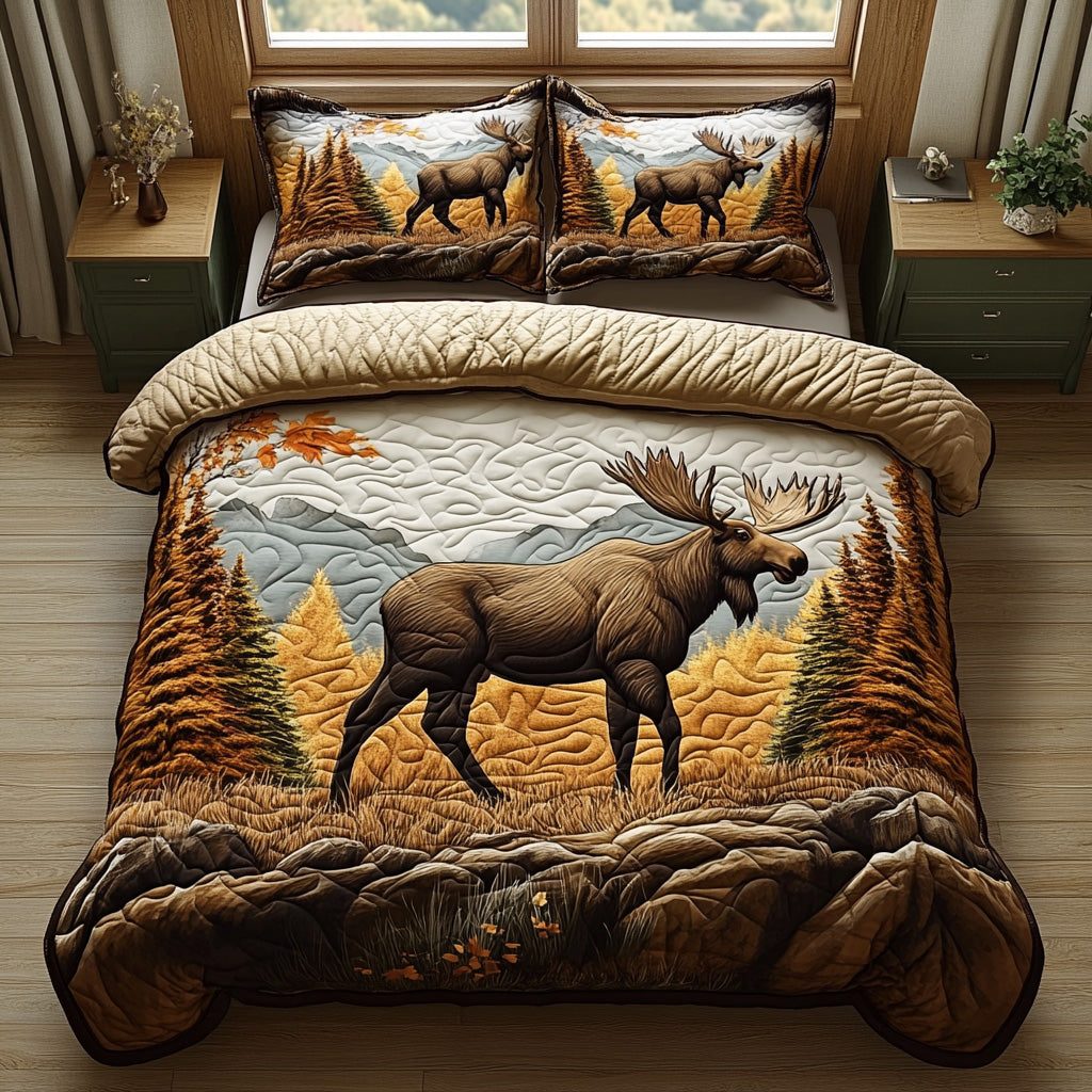 Golden Horns quilted 3-piece bedding set on a made bed with two matching pillow shams
