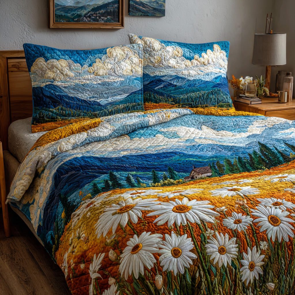 Golden Hour Daisies quilted 3-piece bedding set on a made bed with two matching pillow shams