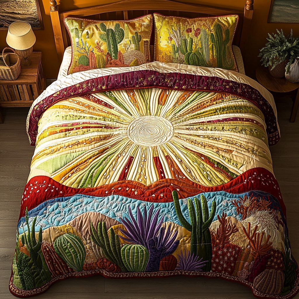 Golden Hour Desert quilted 3-piece bedding set on a made bed with two matching pillow shams
