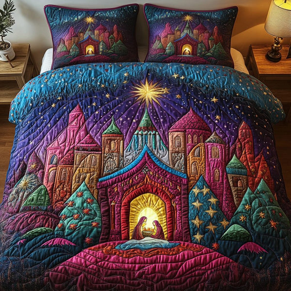 Golden Hour Dreams quilted 3-piece bedding set on a made bed with two matching pillow shams