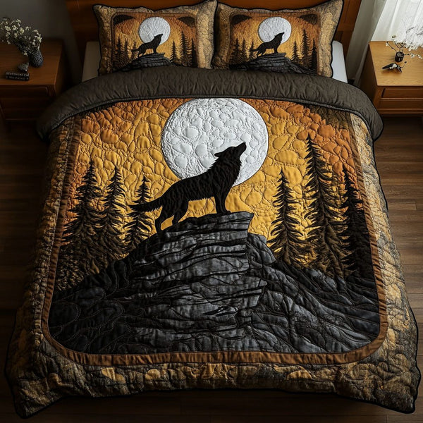Golden Howl quilted 3-piece bedding set on a made bed with two matching pillow shams