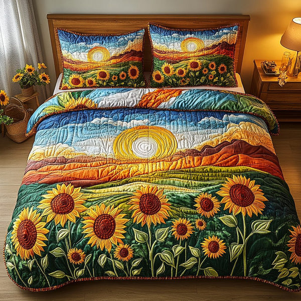 Golden Hugs quilted 3-piece bedding set on a made bed with two matching pillow shams