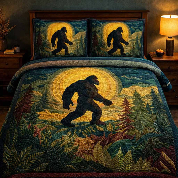 Golden Hunter quilted 3-piece bedding set on a made bed with two matching pillow shams