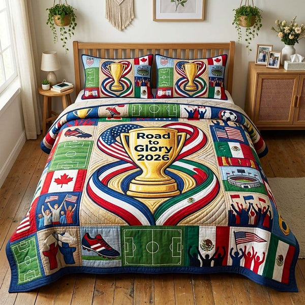 Golden Journey quilted 3-piece bedding set on a made bed with two matching pillow shams