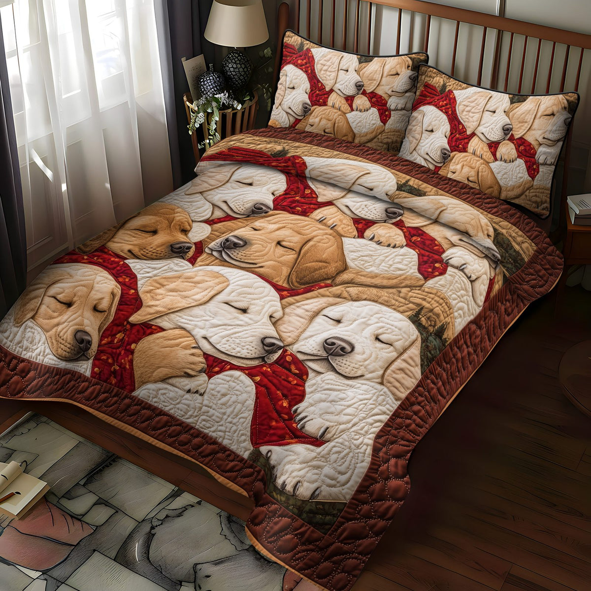 Golden Joy quilted 3-piece bedding set on a made bed with two matching pillow shams