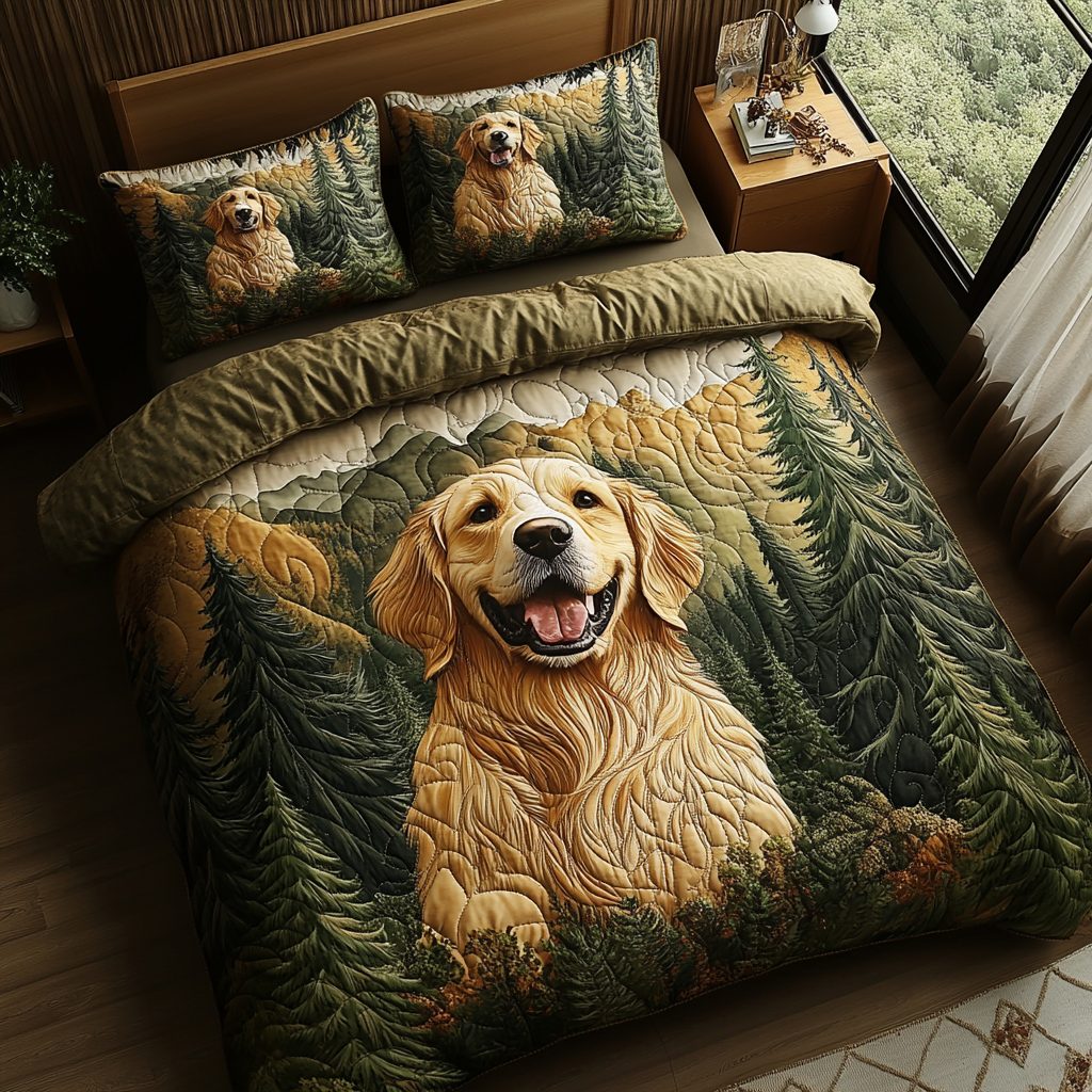 Golden Joy quilted 3-piece bedding set on a made bed with two matching pillow shams