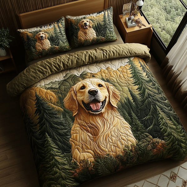 Golden Joy quilted 3-piece bedding set on a made bed with two matching pillow shams