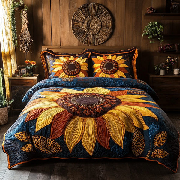 Golden Joy quilted 3-piece bedding set on a made bed with two matching pillow shams