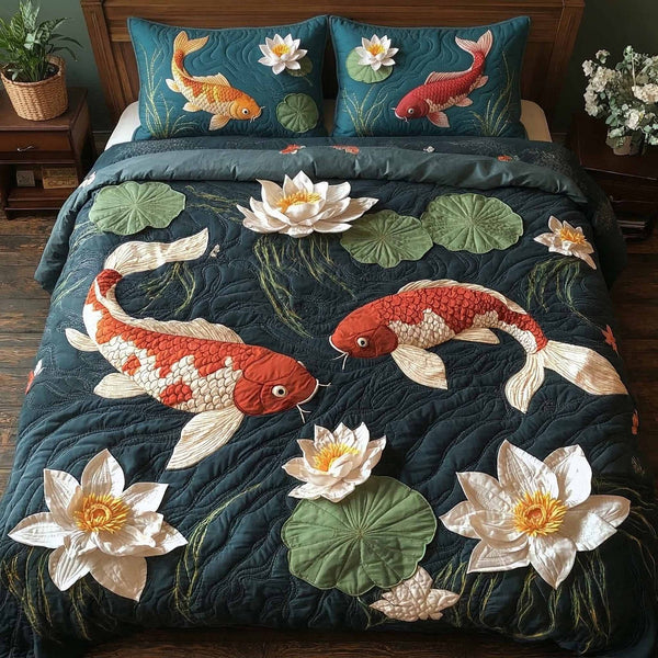 Golden Koi quilted 3-piece bedding set on a made bed with two matching pillow shams