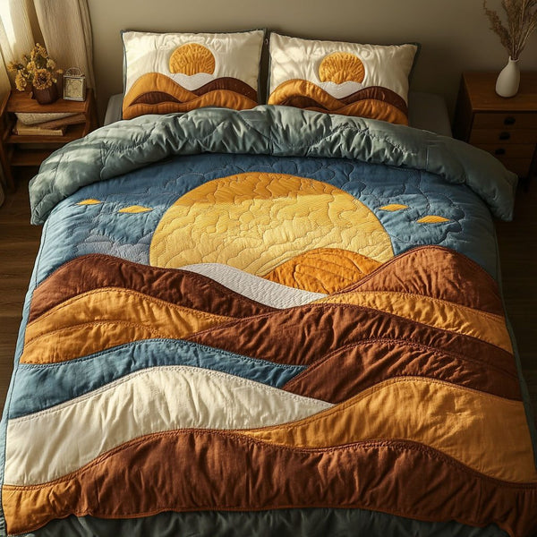 Golden Layers quilted 3-piece bedding set on a made bed with two matching pillow shams