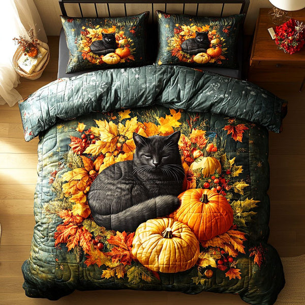 Golden Leaf Cat quilted 3-piece bedding set on a made bed with two matching pillow shams