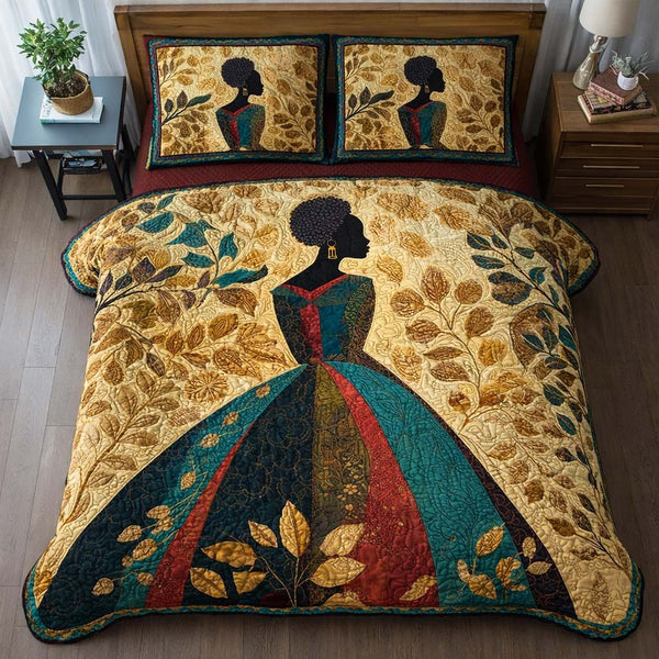 Golden Leaves quilted 3-piece bedding set on a made bed with two matching pillow shams