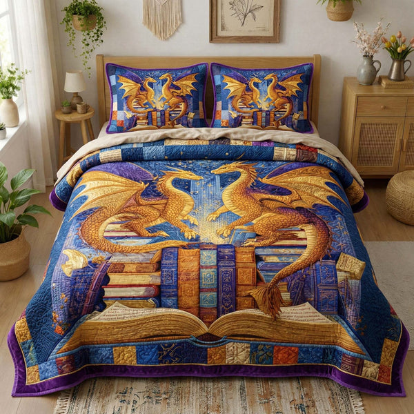 Golden Legends quilted 3-piece bedding set on a made bed with two matching pillow shams