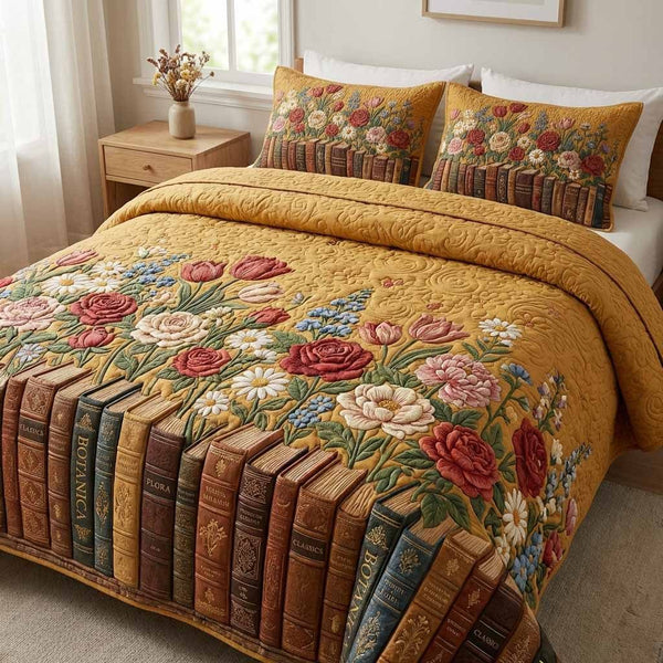 Golden Library quilted 3-piece bedding set on a made bed with two matching pillow shams